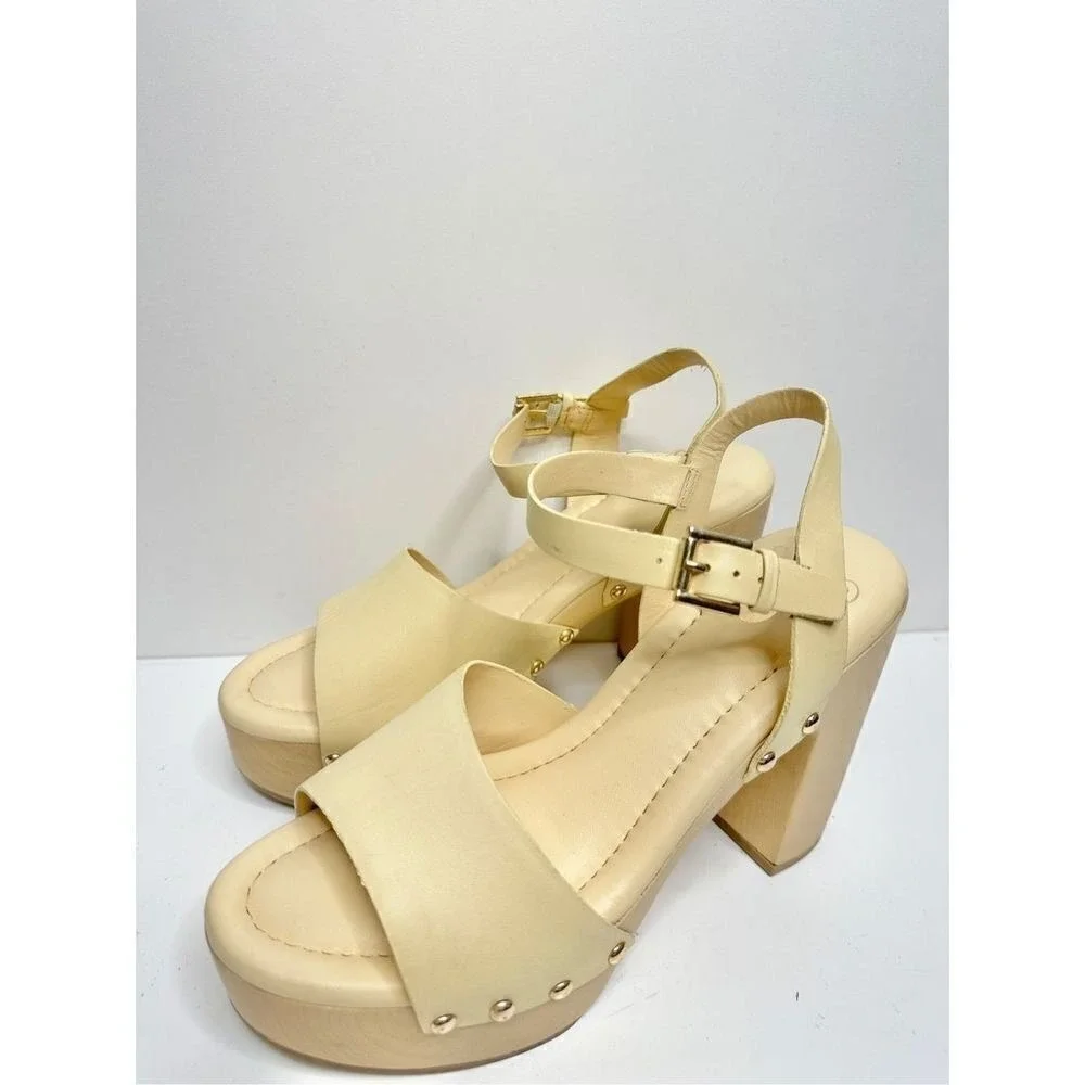 Sarto by Franco Sarto Wally Cream Leather Wood Platform Block Heel Sandals 9